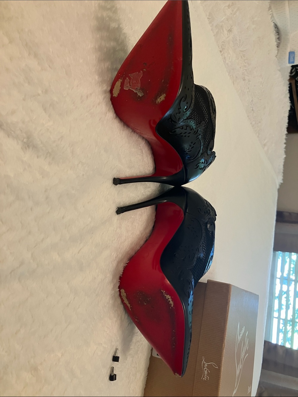 Christian Louboutin Black Laser-Cut Peep-Toe Stiletto Booties with Red Sole - Picture 5 of 10